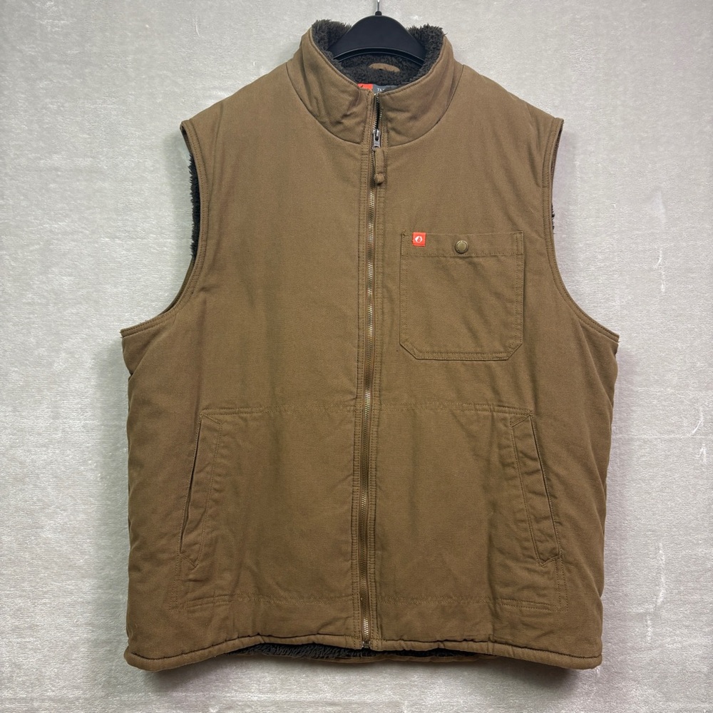 The American Outdoorsman Vest Mens XL Brown Khaki Canvas Sherpa Lined Zip Up